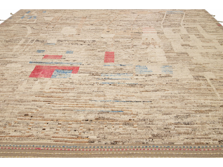 Beige Modern Boho Chic Moroccan Style Handmade Abstract Motif Wool Rug