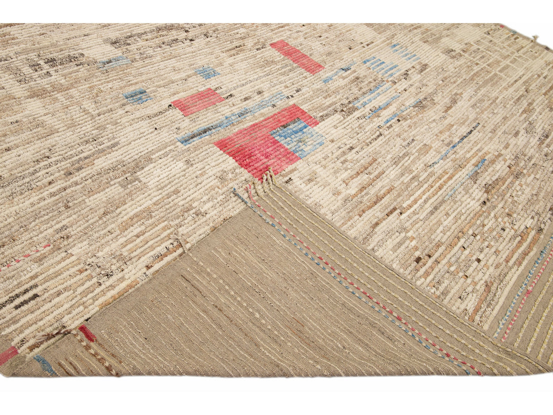 Beige Modern Boho Chic Moroccan Style Handmade Abstract Motif Wool RugBeige Modern Boho Chic Moroccan Style Handmade Abstract Motif Wool Rug