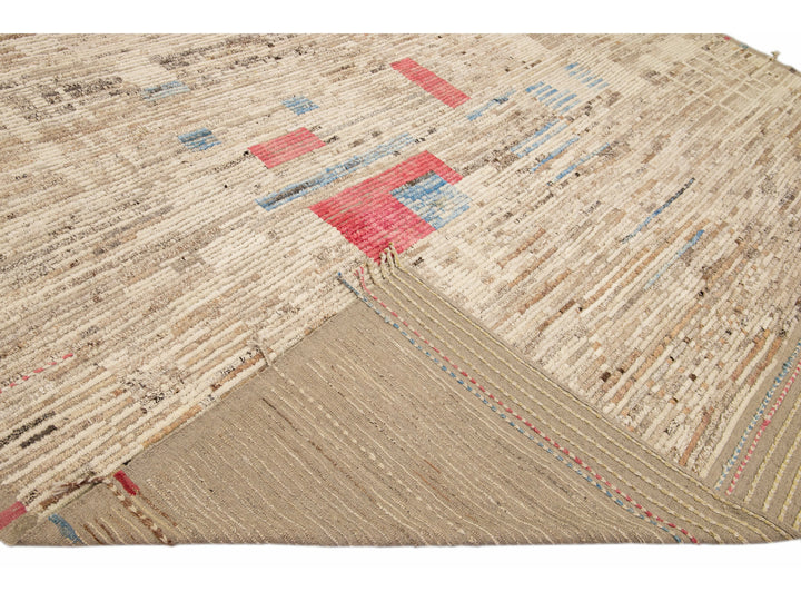 Beige Modern Boho Chic Moroccan Style Handmade Abstract Motif Wool RugBeige Modern Boho Chic Moroccan Style Handmade Abstract Motif Wool Rug