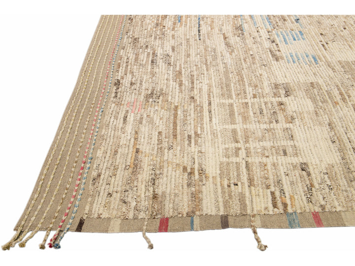Beige Modern Boho Chic Moroccan Style Handmade Abstract Motif Wool Rug