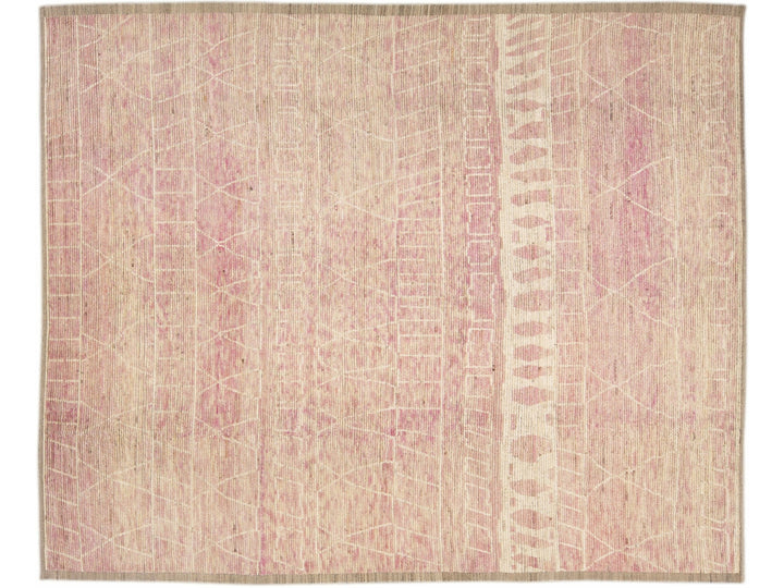 Modern Moroccan Style Handmade Tribal Beige and Pink Oversize Boho Wool Rug