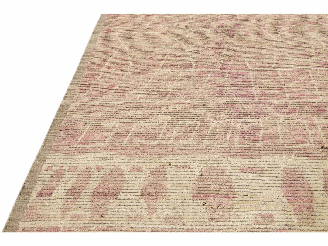 Modern Moroccan Style Handmade Tribal Beige and Pink Oversize Boho Wool Rug