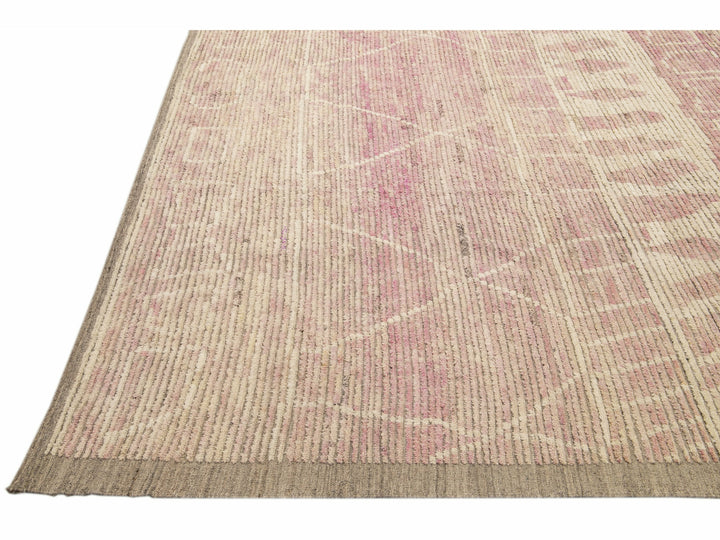 Modern Moroccan Style Handmade Tribal Beige and Pink Oversize Boho Wool Rug
