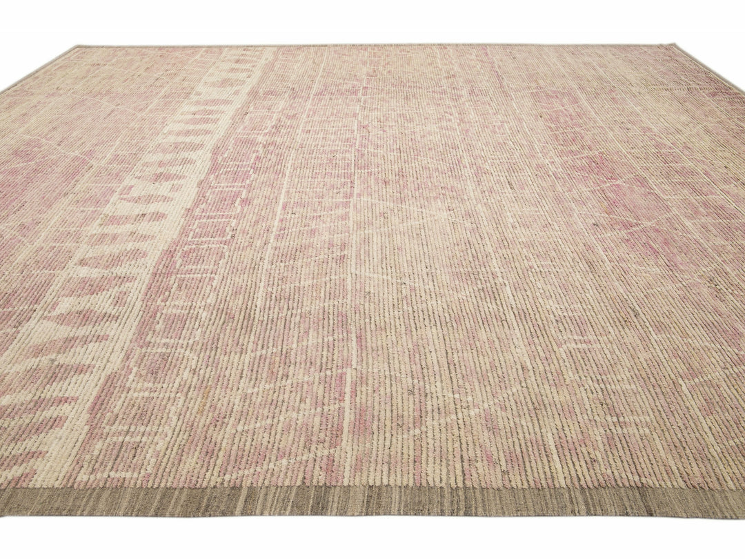 Modern Moroccan Style Handmade Tribal Beige and Pink Oversize Boho Wool Rug