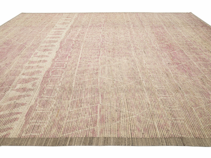 Modern Moroccan Style Handmade Tribal Beige and Pink Oversize Boho Wool Rug