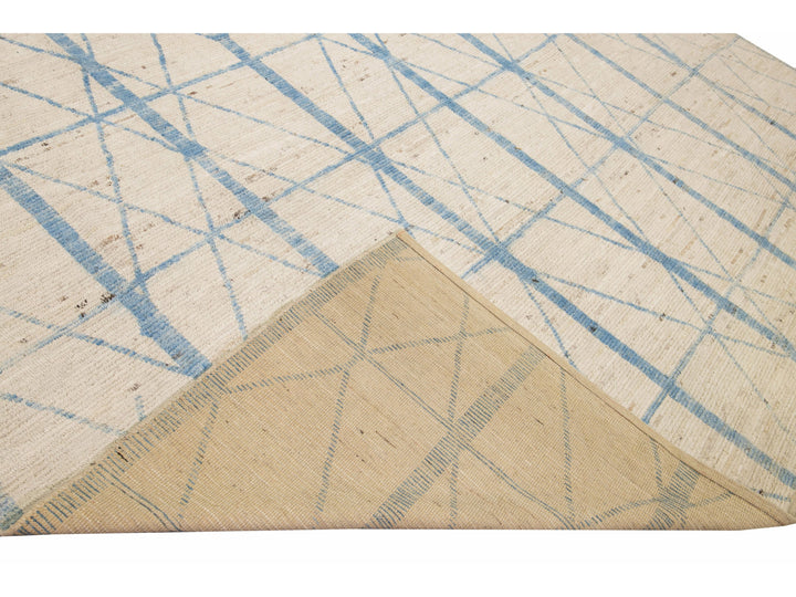Modern Moroccan Style Beige and Blue Handmade Geometric Oversize Wool Rug