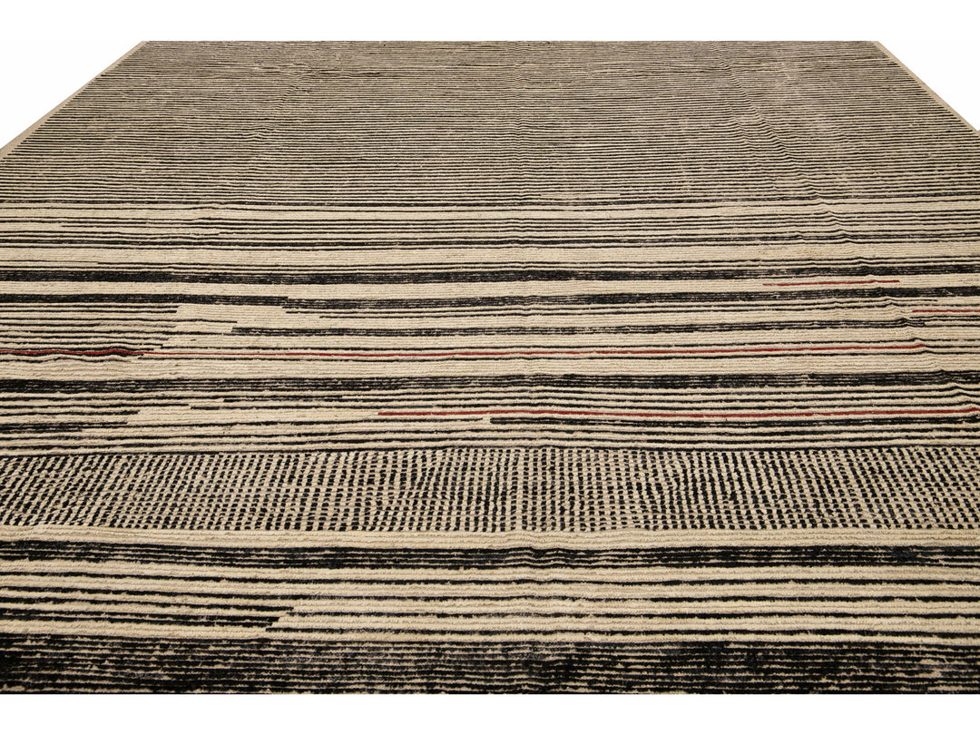 Modern Moroccan Bohemian Style Black And Beige Handmade Striped Motif Wool Rug