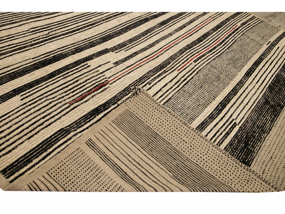Modern Moroccan Bohemian Style Black And Beige Handmade Striped Motif Wool Rug