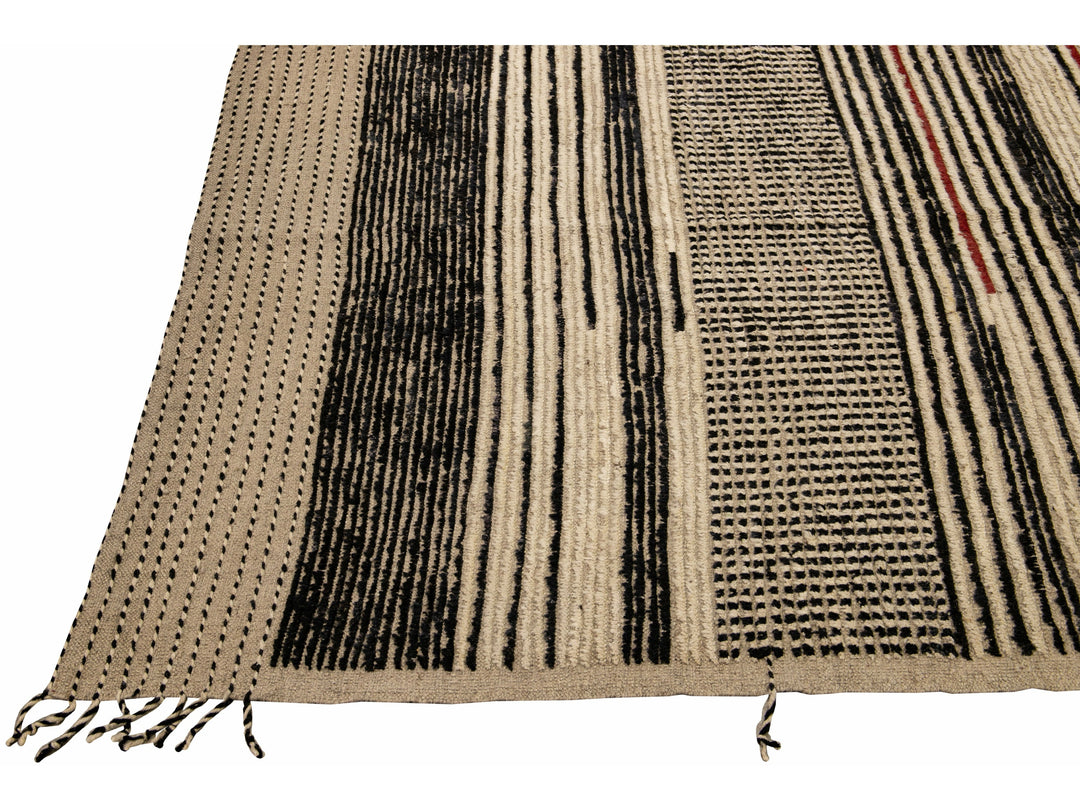 Modern Moroccan Bohemian Style Black And Beige Handmade Striped Motif Wool Rug