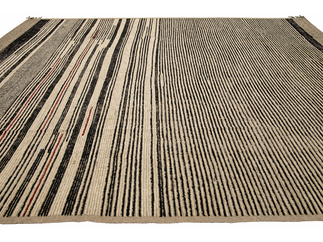 Modern Moroccan Bohemian Style Black And Beige Handmade Striped Motif Wool Rug