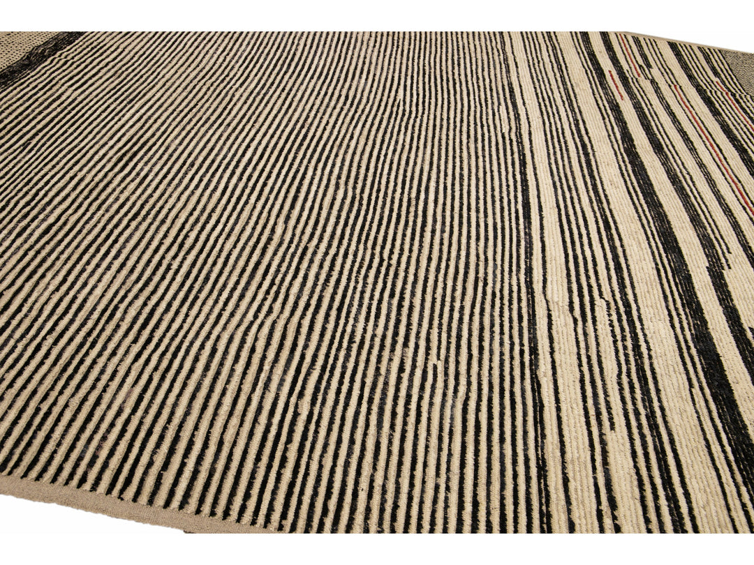 Modern Moroccan Bohemian Style Black And Beige Handmade Striped Motif Wool Rug