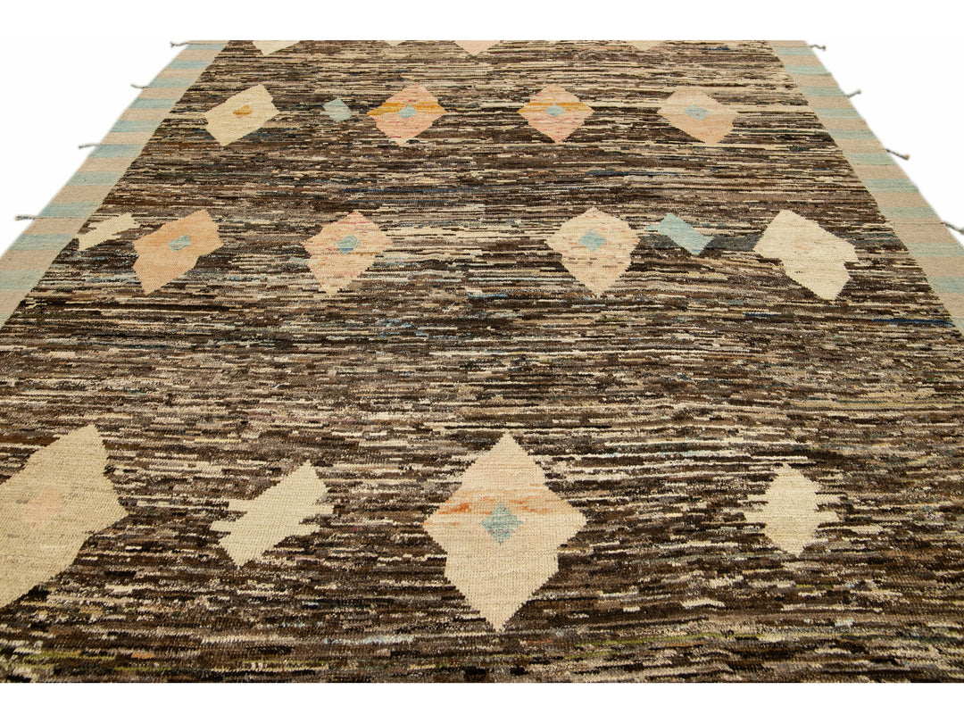 Modern Brown Moroccan Style Handmade Geometric Motif Wool Rug