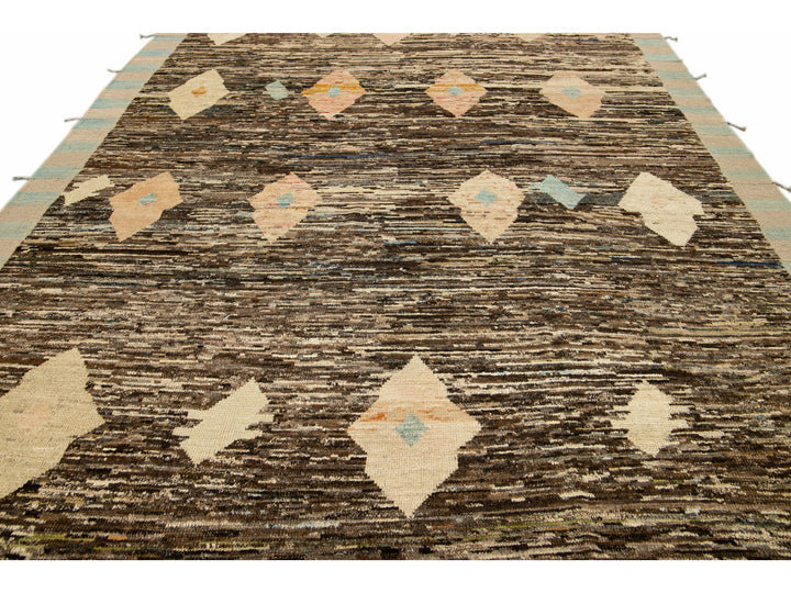 Modern Brown Moroccan Style Handmade Geometric Motif Wool Rug