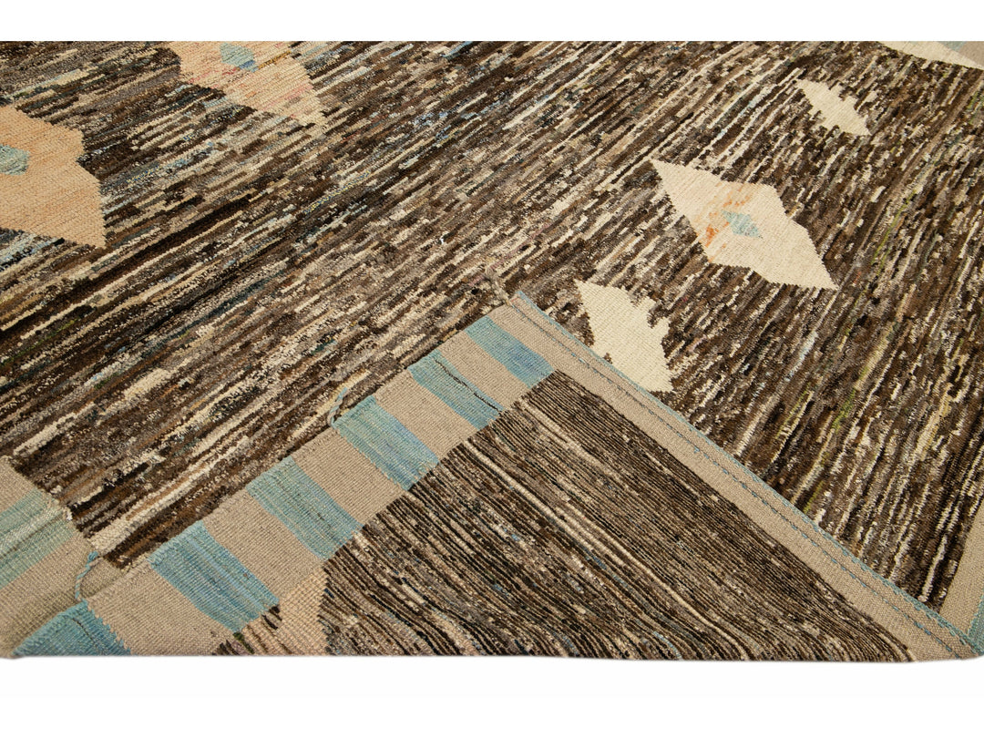 Modern Brown Moroccan Style Handmade Geometric Motif Wool Rug