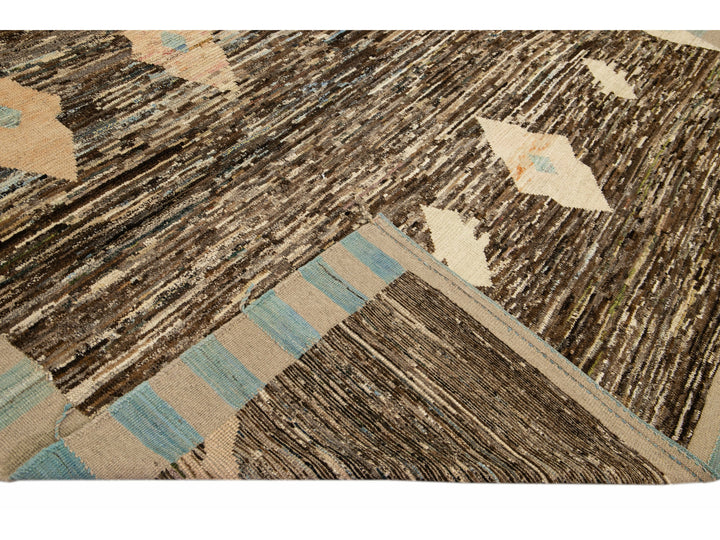 Modern Brown Moroccan Style Handmade Geometric Motif Wool Rug