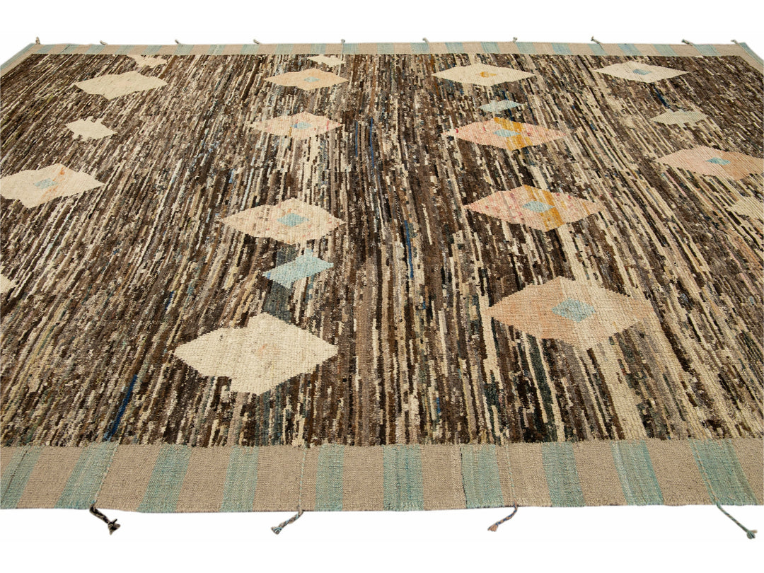 Modern Brown Moroccan Style Handmade Geometric Motif Wool Rug