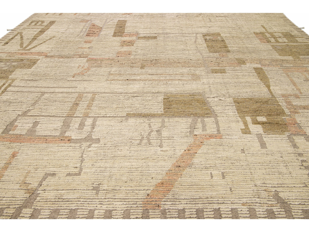 Modern Boho Chic Moroccan Style Handmade Abstract Beige Square Wool Rug