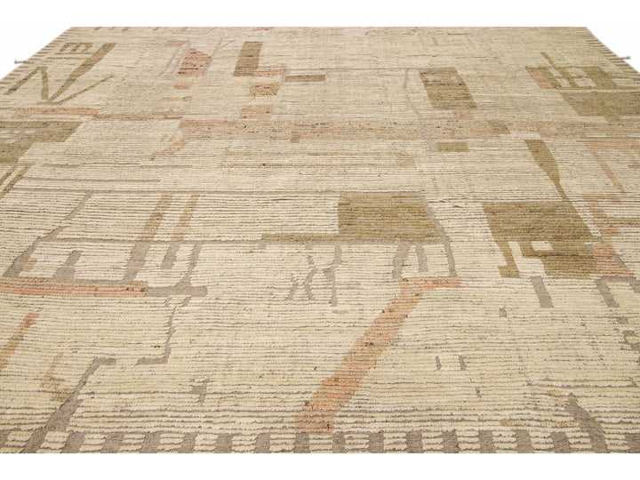 Modern Boho Chic Moroccan Style Handmade Abstract Beige Square Wool Rug