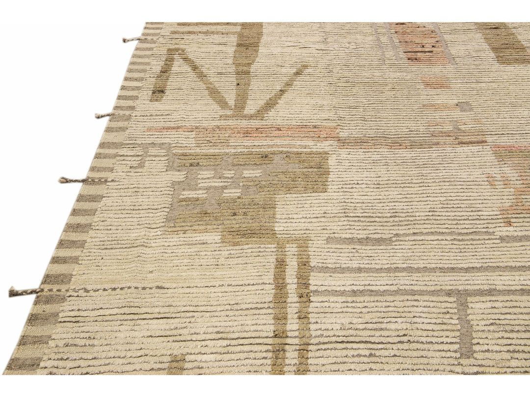 Modern Boho Chic Moroccan Style Handmade Abstract Beige Square Wool Rug