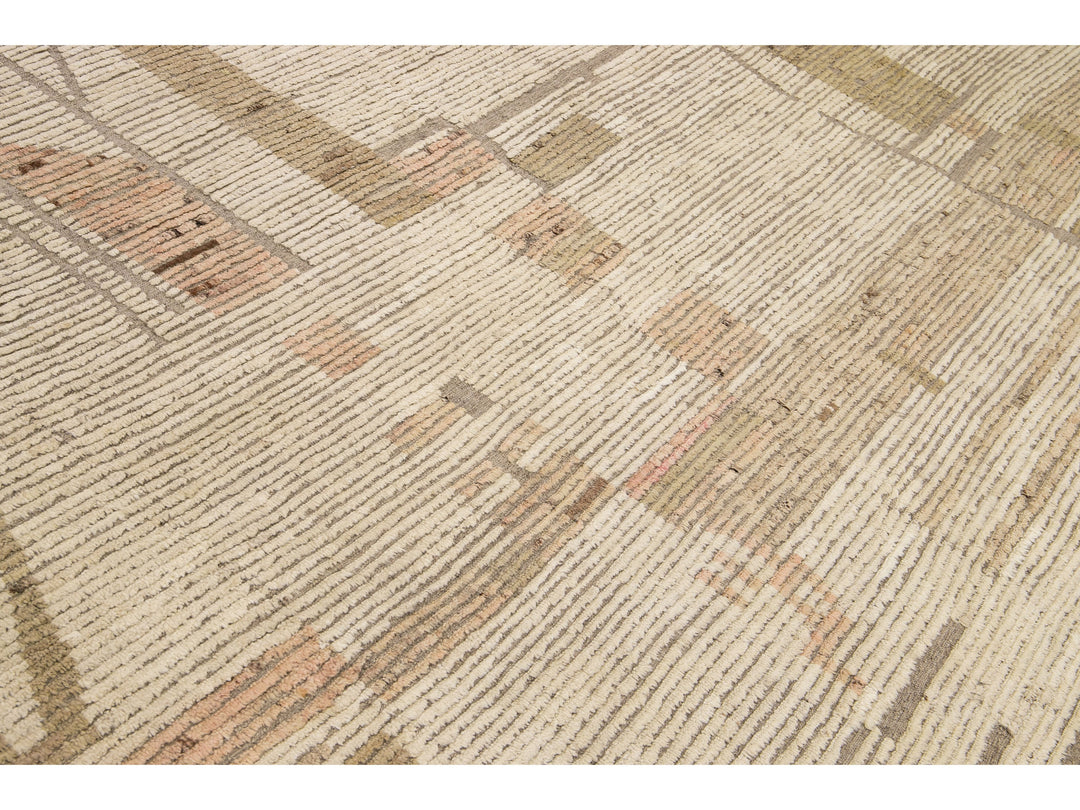 Modern Boho Chic Moroccan Style Handmade Abstract Beige Square Wool Rug
