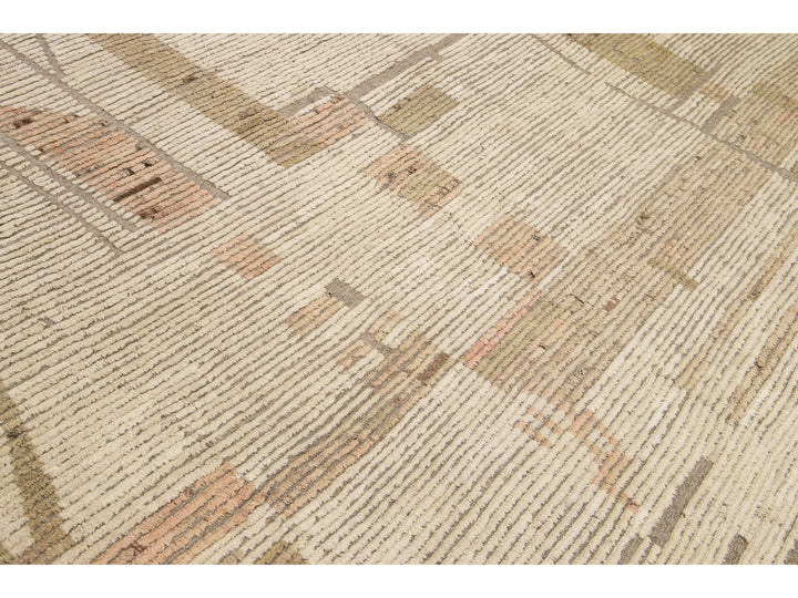Modern Boho Chic Moroccan Style Handmade Abstract Beige Square Wool Rug