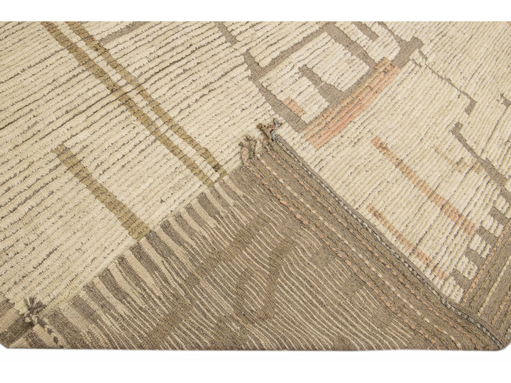 Modern Boho Chic Moroccan Style Handmade Abstract Beige Square Wool Rug