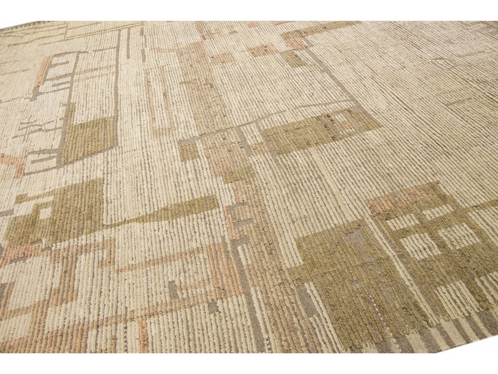 Modern Boho Chic Moroccan Style Handmade Abstract Beige Square Wool Rug