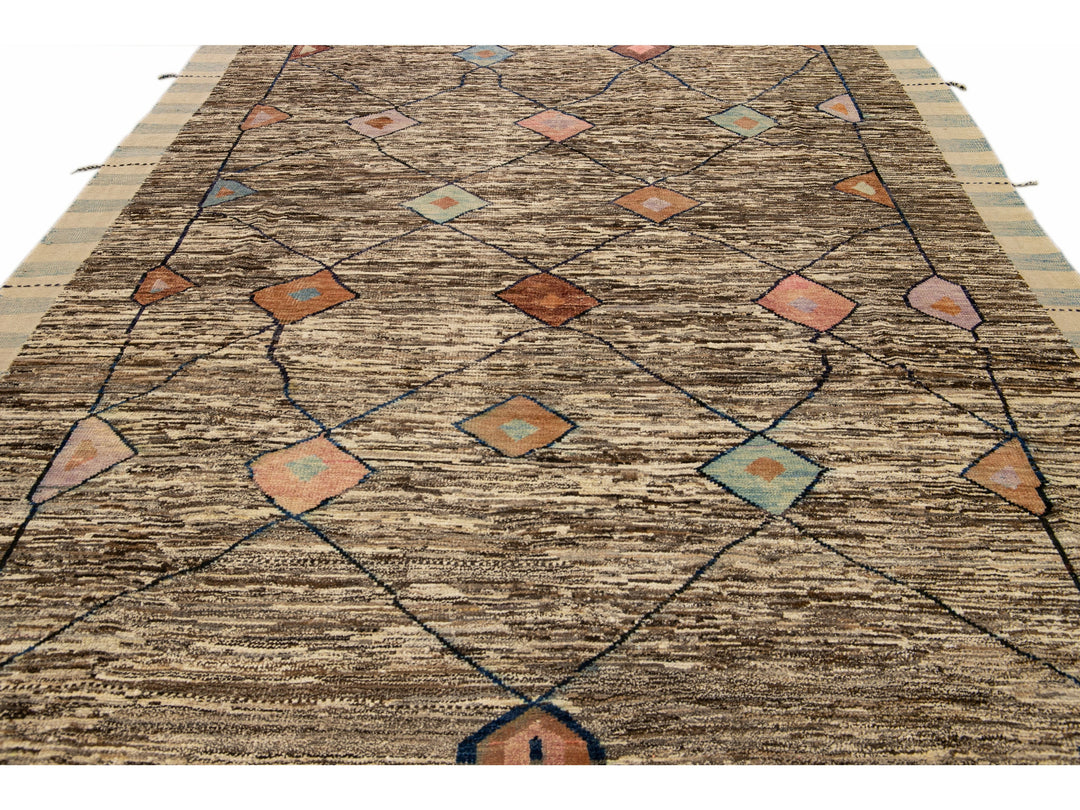 Modern Moroccan Style Handmade Tribal Boho Beige and Brown Wool Rug