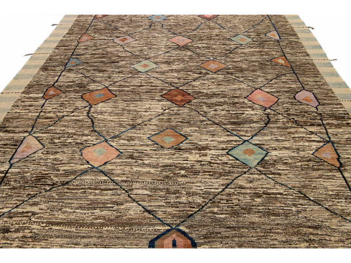 Modern Moroccan Style Handmade Tribal Boho Beige and Brown Wool Rug