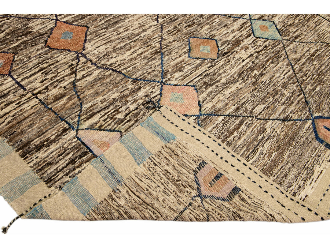 Modern Moroccan Style Handmade Tribal Boho Beige and Brown Wool Rug