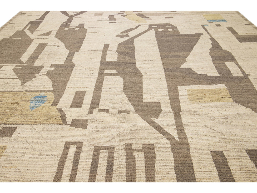 Beige Modern Boho Chic Moroccan Style Handmade Abstract Motif Oversize Wool Rug