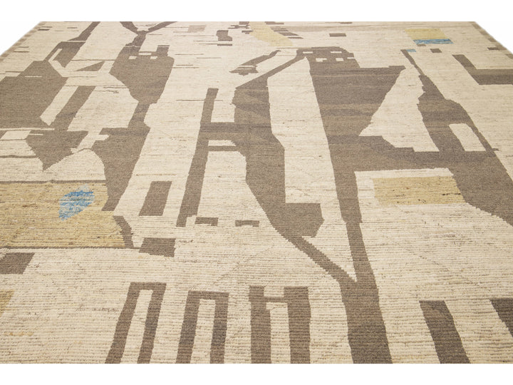 Beige Modern Boho Chic Moroccan Style Handmade Abstract Motif Oversize Wool Rug