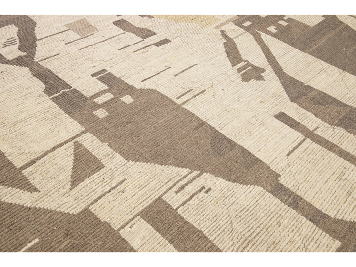 Beige Modern Boho Chic Moroccan Style Handmade Abstract Motif Oversize Wool Rug