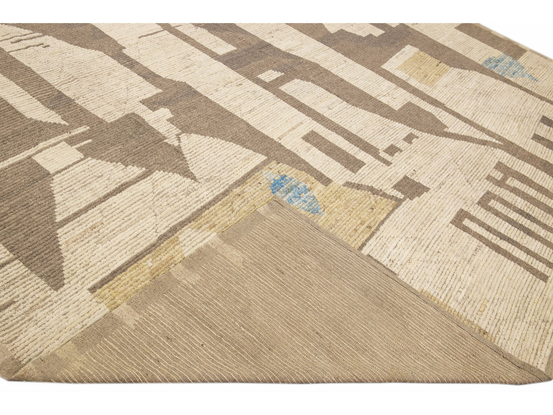 Beige Modern Boho Chic Moroccan Style Handmade Abstract Motif Oversize Wool Rug