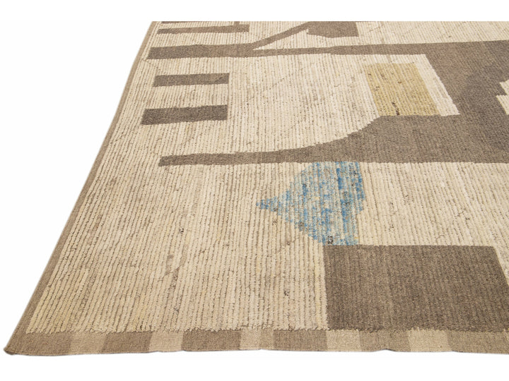 Beige Modern Boho Chic Moroccan Style Handmade Abstract Motif Oversize Wool Rug