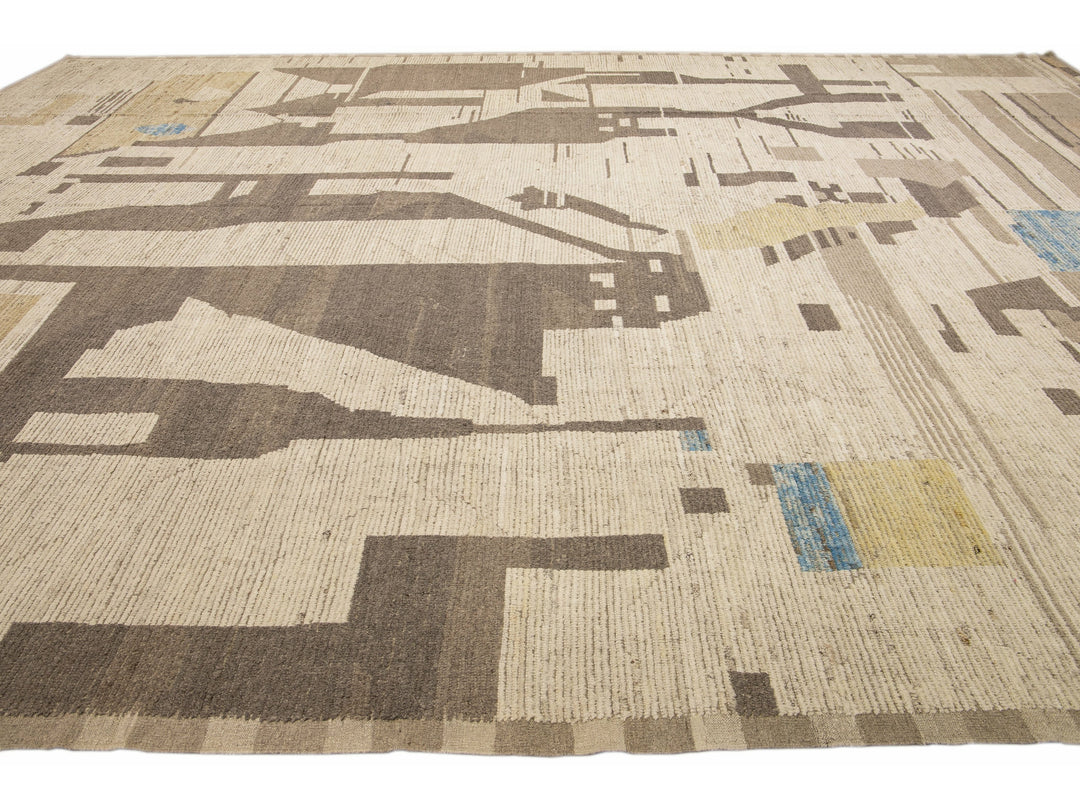 Beige Modern Boho Chic Moroccan Style Handmade Abstract Motif Oversize Wool Rug
