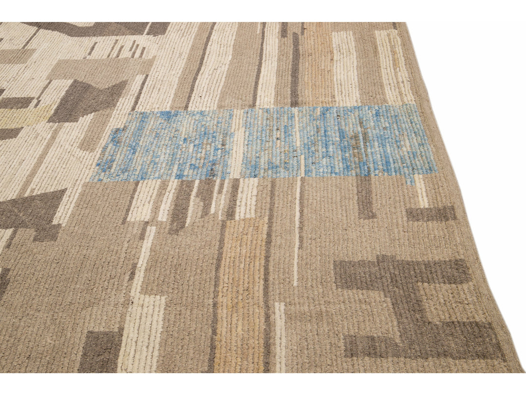 Beige Modern Boho Chic Moroccan Style Handmade Abstract Motif Oversize Wool Rug