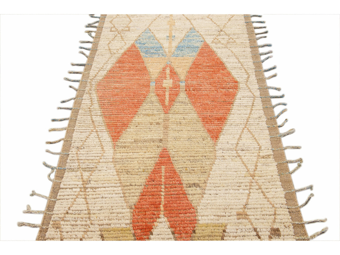 Beige Modern and Orange Moroccan Style Handmade Tribal Motif Wool Runner