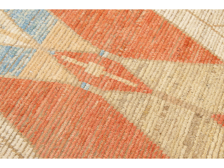 Beige Modern and Orange Moroccan Style Handmade Tribal Motif Wool Runner
