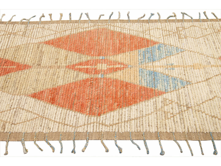 Beige Modern and Orange Moroccan Style Handmade Tribal Motif Wool Runner
