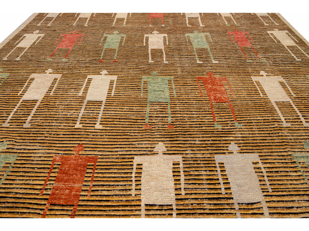 Brown Modern Moroccan Style Handmade People Pattern Motif Oversize Wool Rug