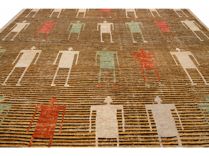 Brown Modern Moroccan Style Handmade People Pattern Motif Oversize Wool Rug
