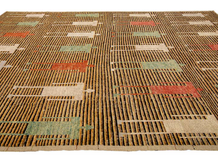 Brown Modern Moroccan Style Handmade People Pattern Motif Oversize Wool Rug