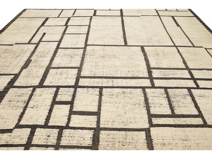 Modern Moroccan Style Beige Handmade Minimal Boho Oversize Wool Rug