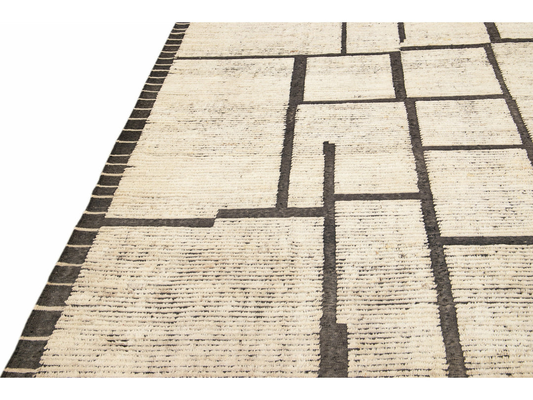 Modern Moroccan Style Beige Handmade Minimal Boho Oversize Wool Rug
