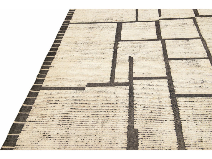 Modern Moroccan Style Beige Handmade Minimal Boho Oversize Wool Rug