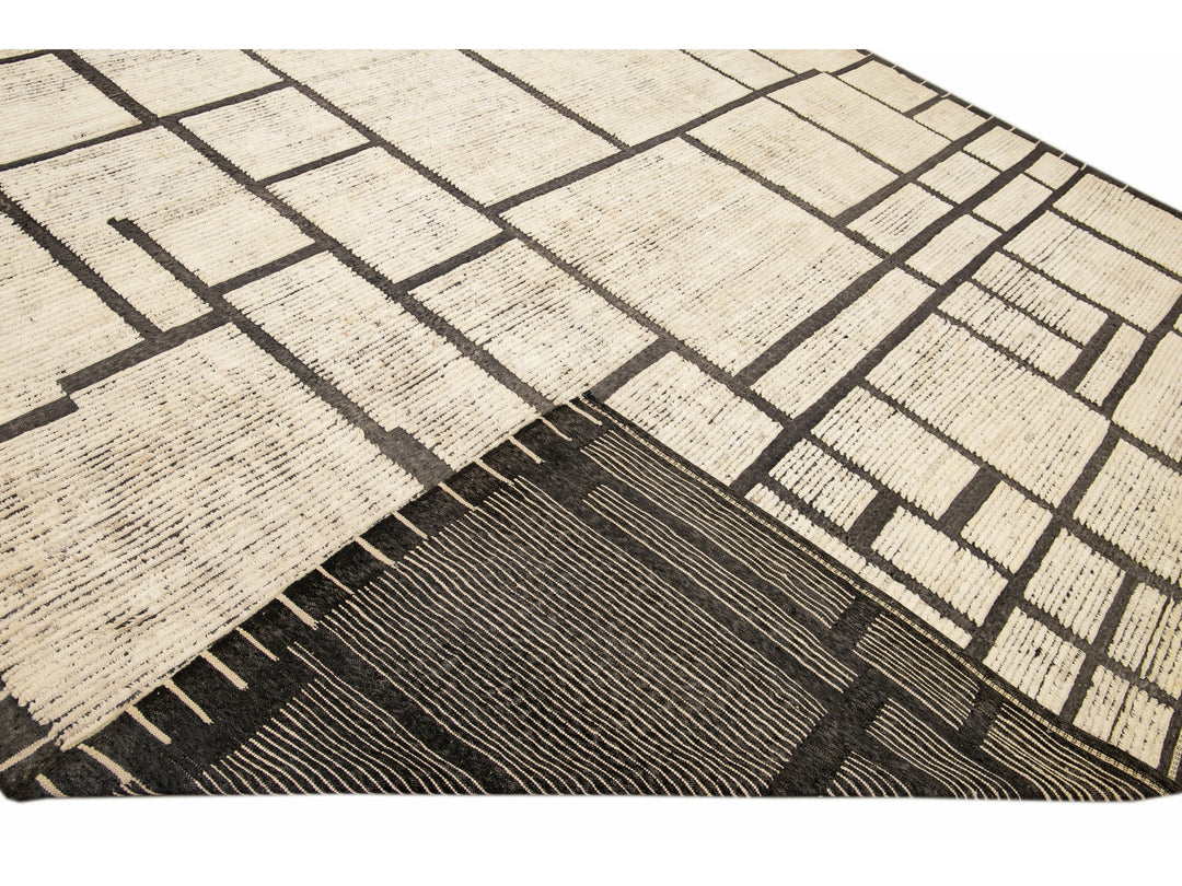 Modern Moroccan Style Beige Handmade Minimal Boho Oversize Wool Rug