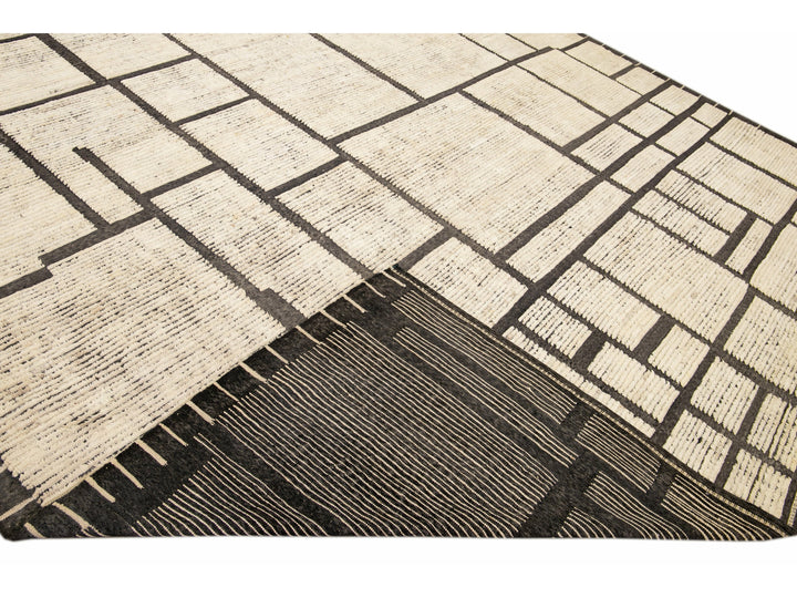 Modern Moroccan Style Beige Handmade Minimal Boho Oversize Wool Rug