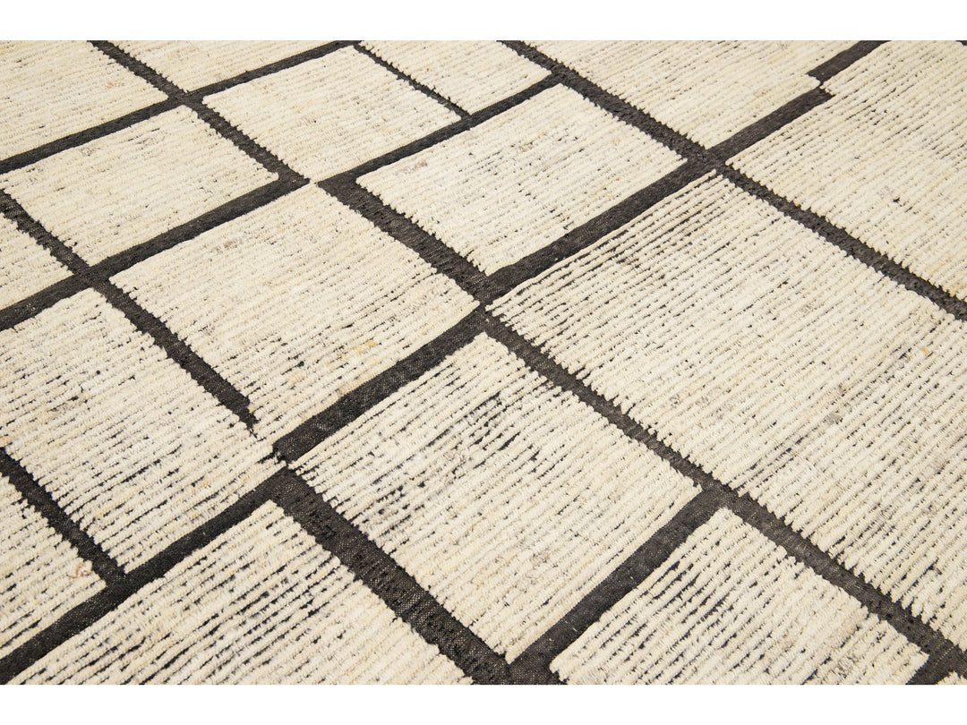 Modern Moroccan Style Beige Handmade Minimal Boho Oversize Wool Rug