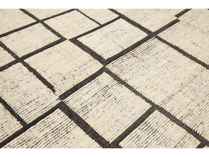 Modern Moroccan Style Beige Handmade Minimal Boho Oversize Wool Rug